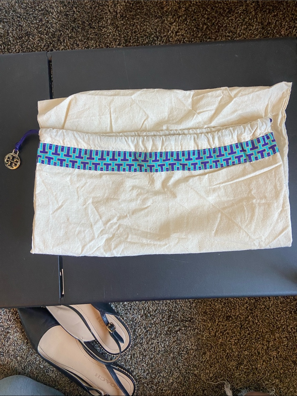 Tory Burch Patterned Canvas Drawstring Dust Bag - Blue & Teal Trim